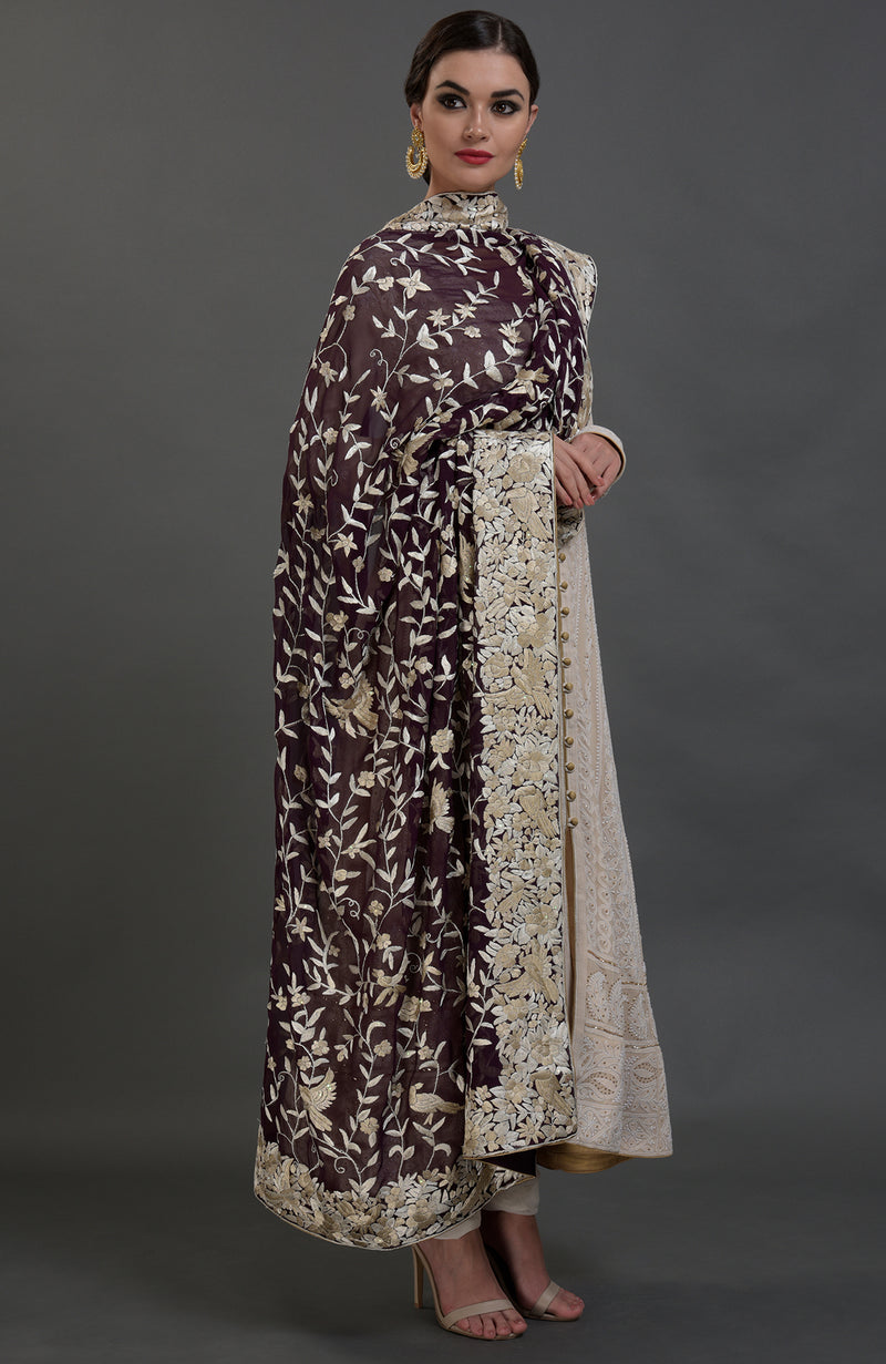 Champagne Chikankari Suit With Parsi Gara Hand Embroidered Dupatta