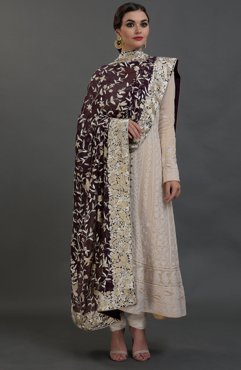 Champagne Chikankari Suit With Parsi Gara Hand Embroidered Dupatta