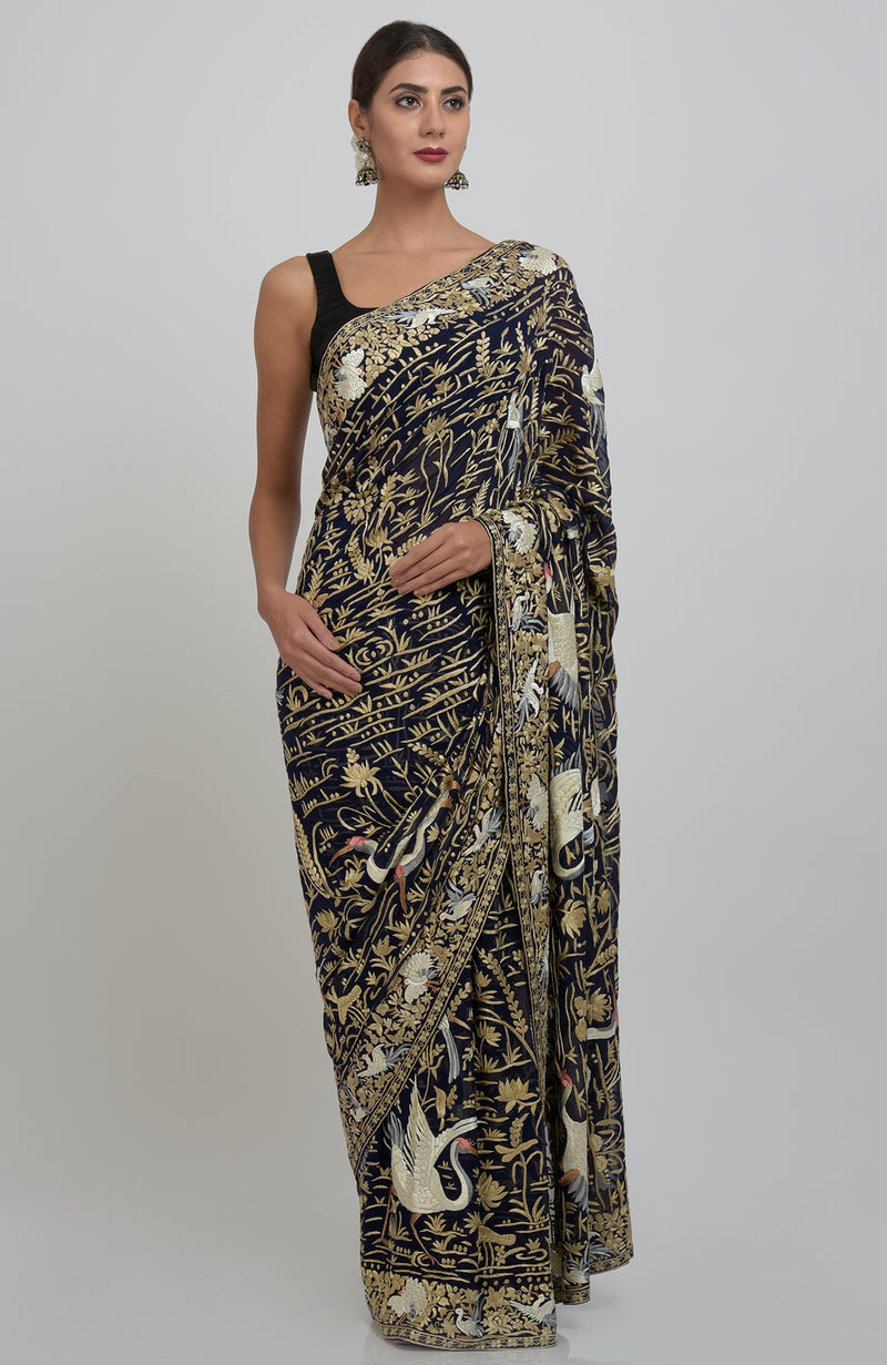 Masterpiece Midnight Blue  Parsi Gara Hand Embroidered Saree