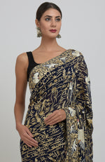 Masterpiece Midnight Blue  Parsi Gara Hand Embroidered Saree