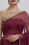 Burgundy Pearl Beads Hand Embroidered Saree & Blouse