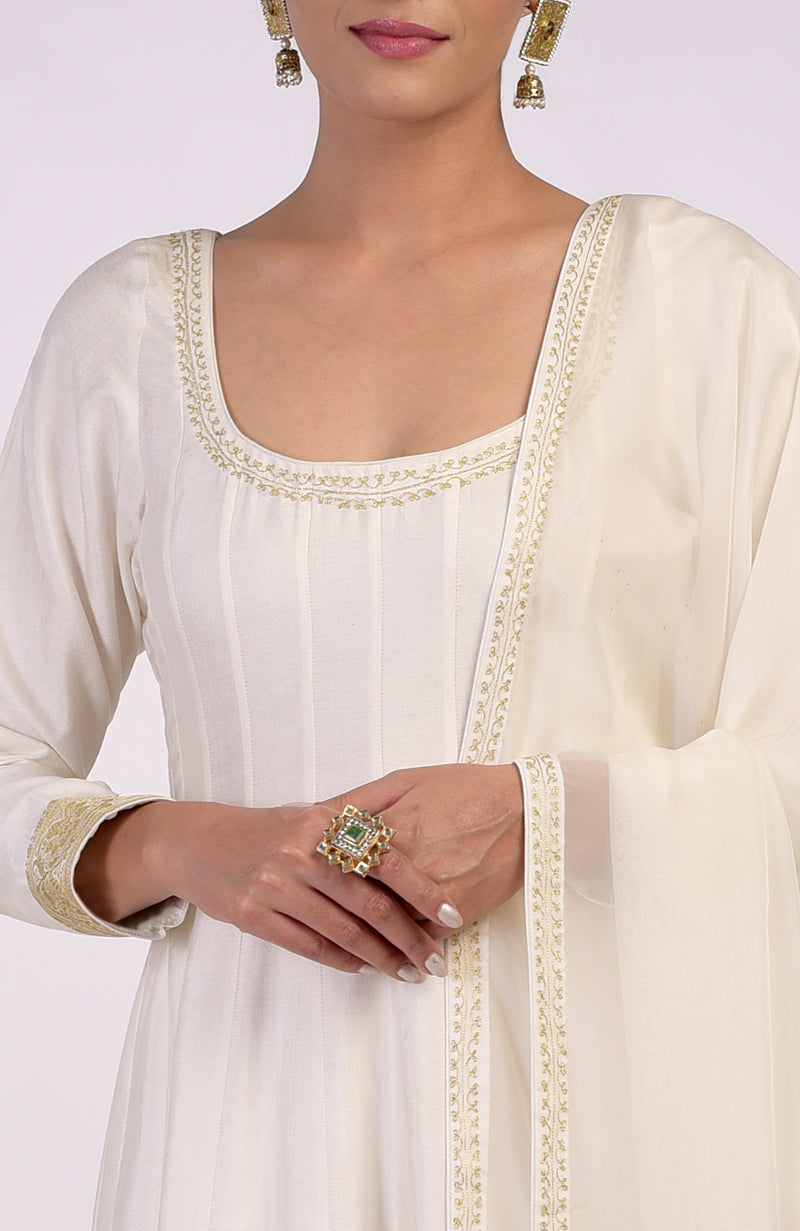 Ivory Gold Banarasi Handwoven Anarkali Set