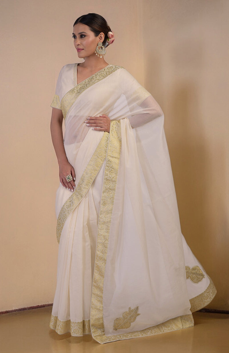 Ivory Gold Banarasi Handwoven Saree Set