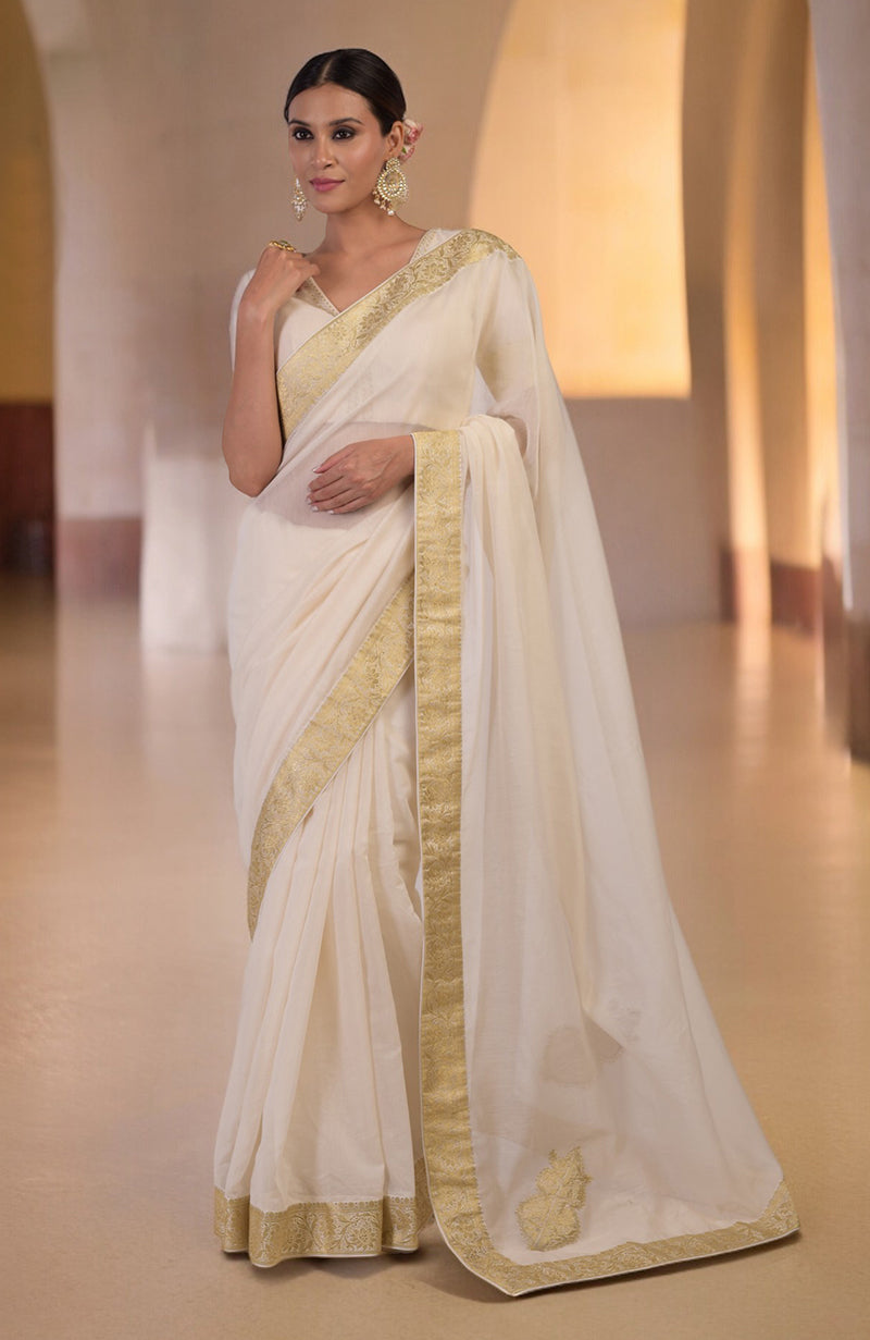 Ivory Gold Banarasi Handwoven Saree Set