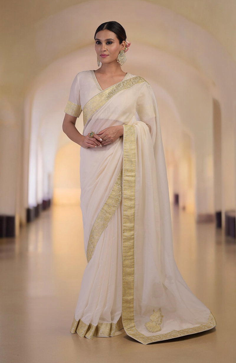 Ivory Gold Banarasi Handwoven Saree Set