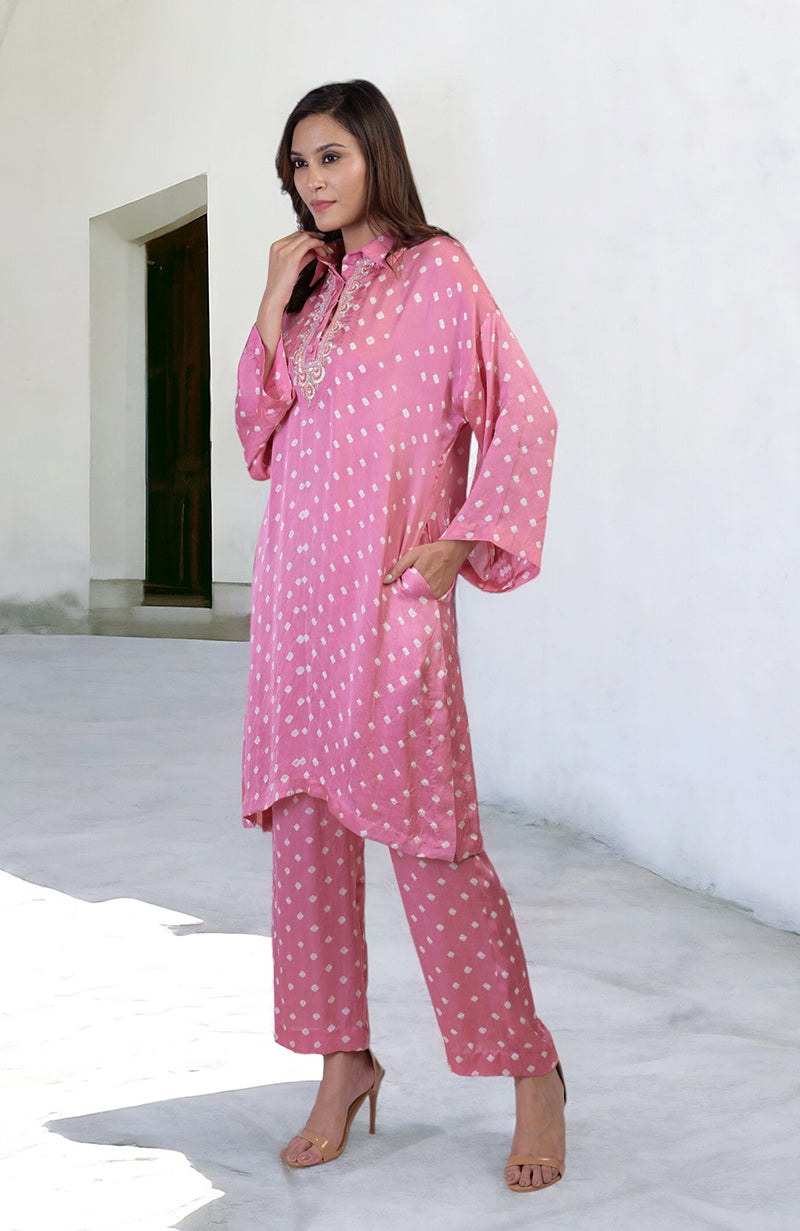 Charm Pink Handcrafted Bandhej Embroidered Co-Ord Set