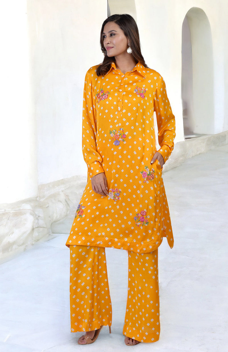 Turmeric Yellow Handcrafted Bandhej Embroidered Co-Ord Set