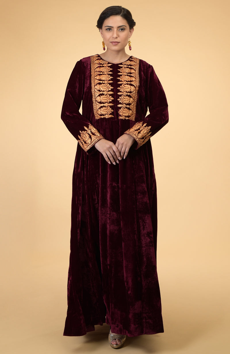 Burgundy- Gold Kashmir Embroidered Kaftan