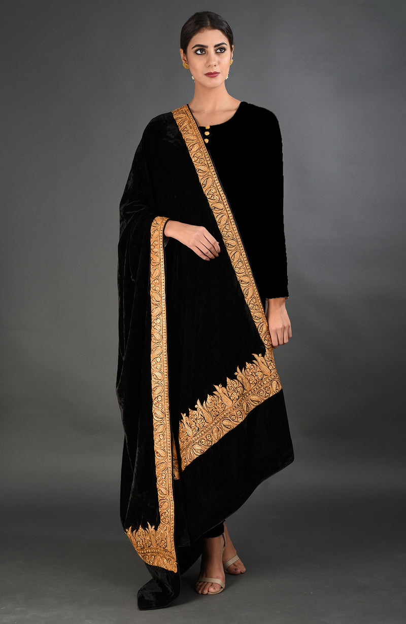 Black Kashmiri Tilla Embroidered Dupatta Shawl