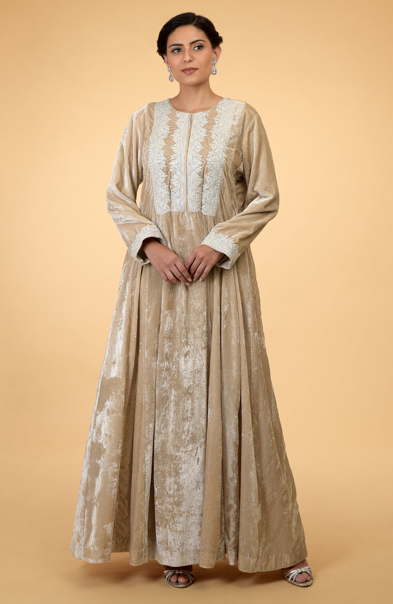 Beige- Silver Kashmir Embroidered Kaftan