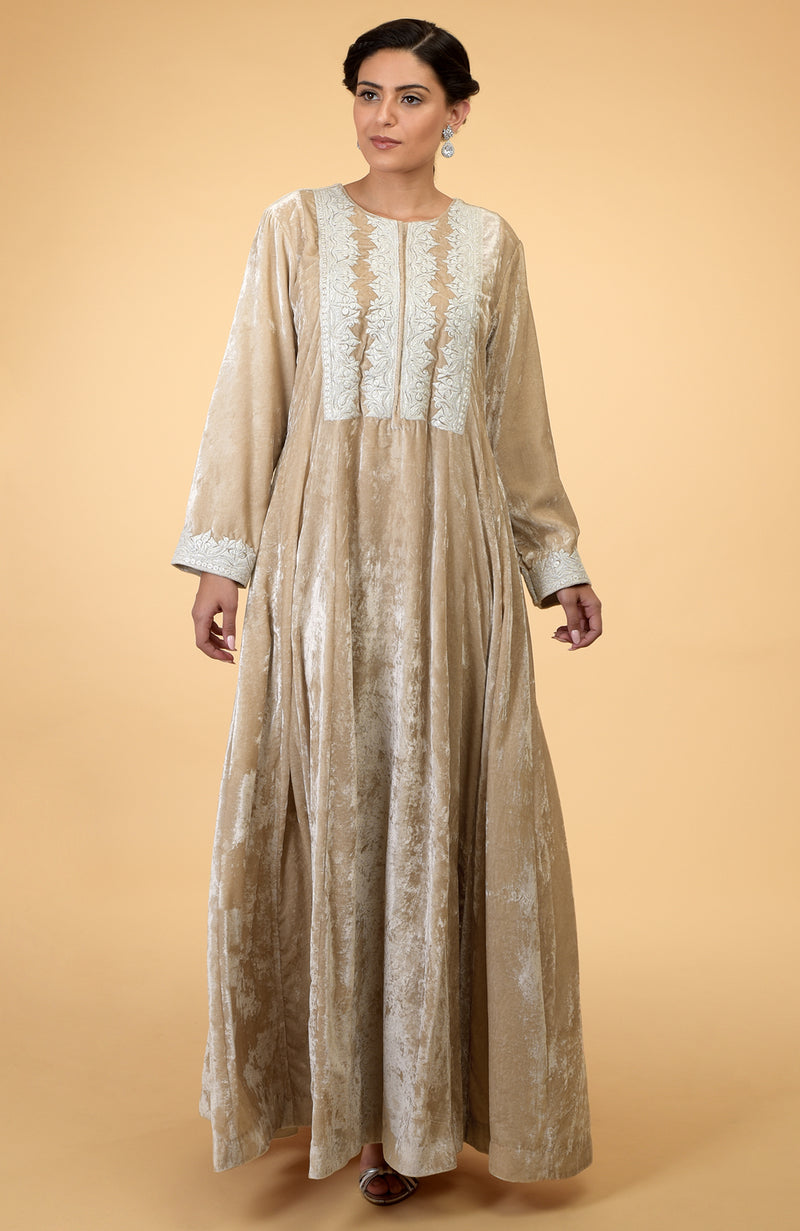 Beige- Silver Kashmir Embroidered Kaftan