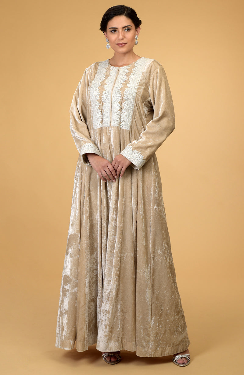 Beige- Silver Kashmir Embroidered Kaftan