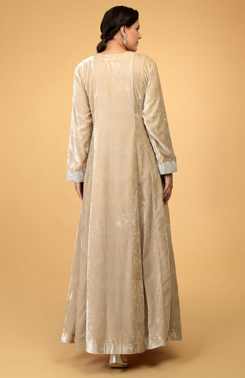 Beige- Silver Kashmir Embroidered Kaftan