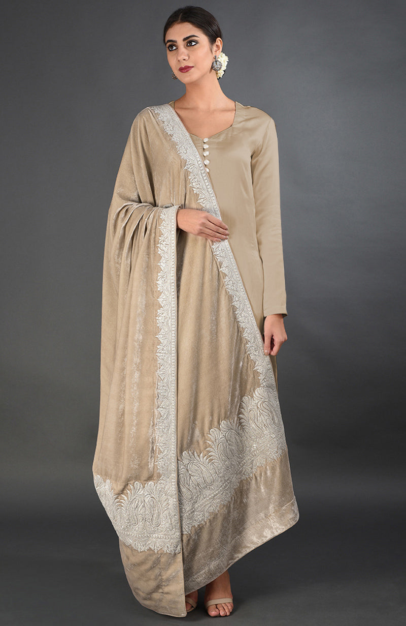 Beige Kashmiri Tilla Embroidered Dupatta with Suit