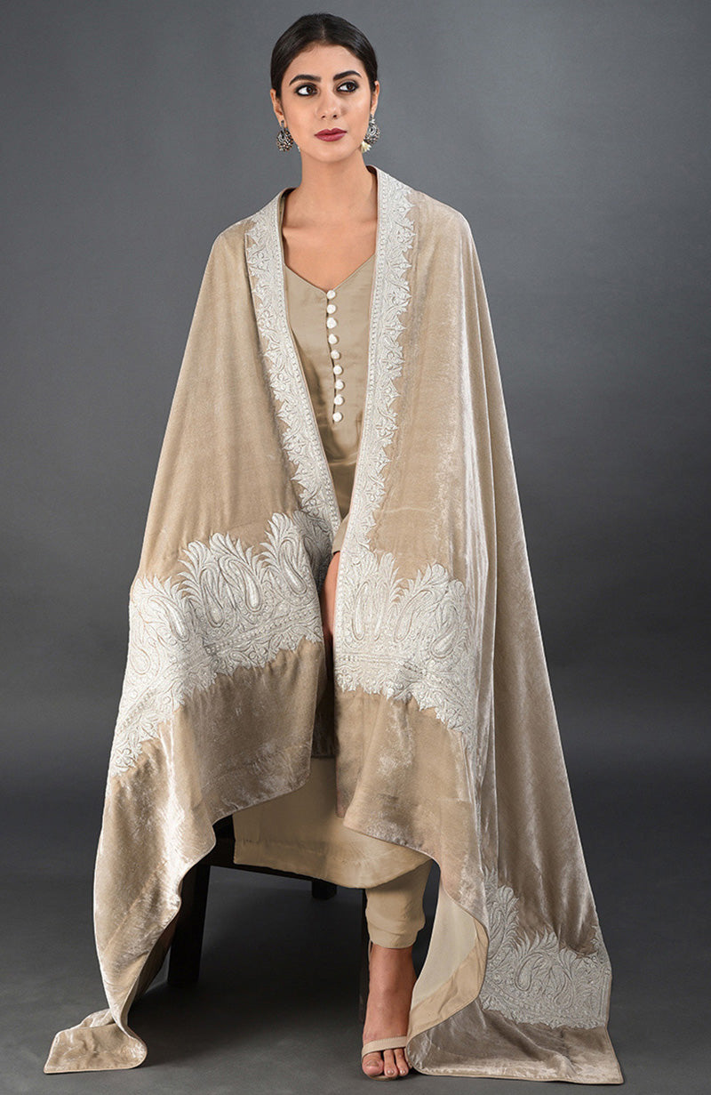 Beige Kashmiri Tilla Embroidered Dupatta with Suit