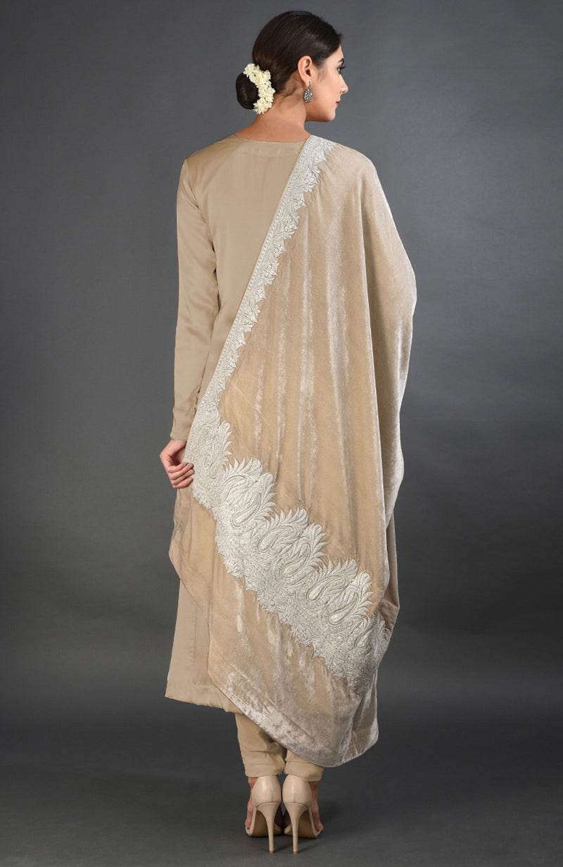 Beige Kashmiri Tilla Embroidered Dupatta with Suit