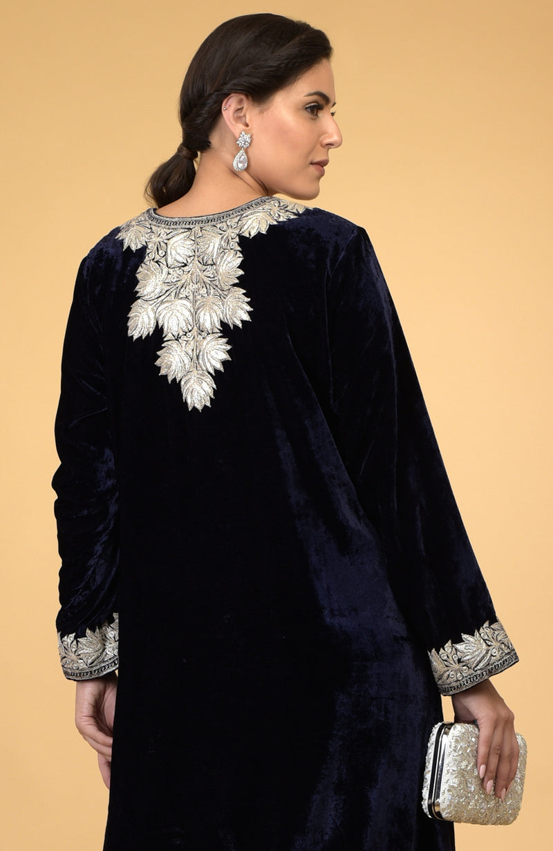 Midnight Blue- Silver Kashmir Embroidered Kaftan