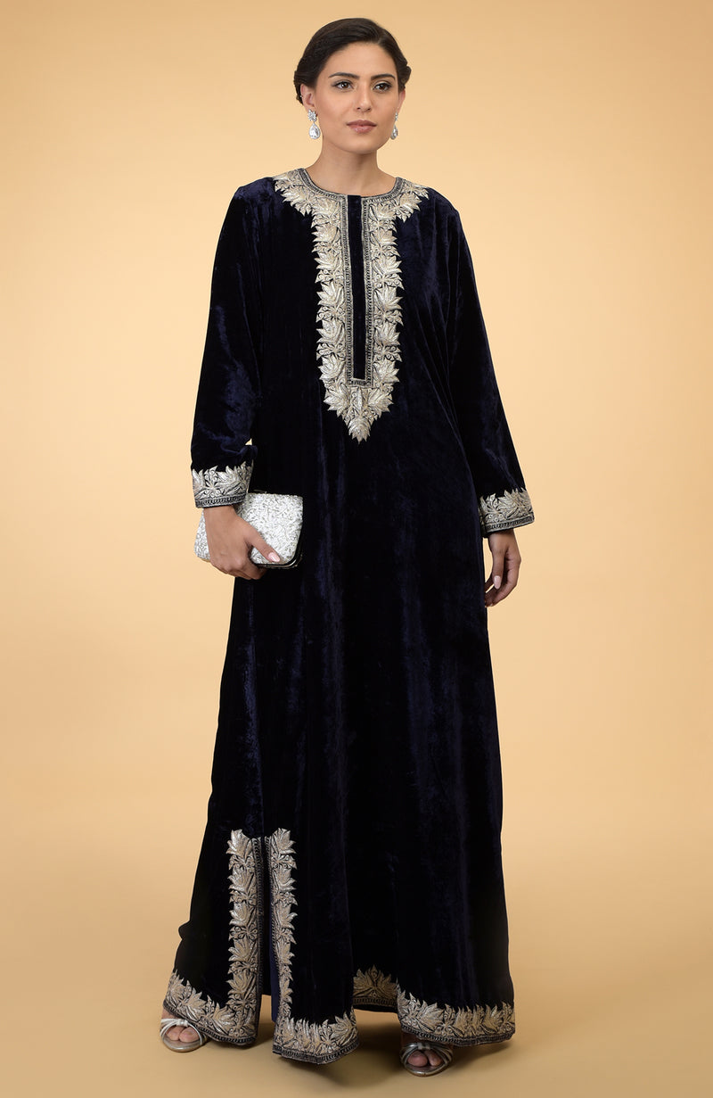 Midnight Blue- Silver Kashmir Embroidered Kaftan