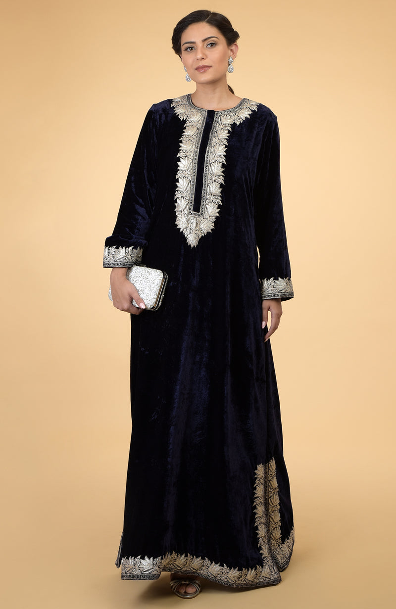 Midnight Blue- Silver Kashmir Embroidered Kaftan