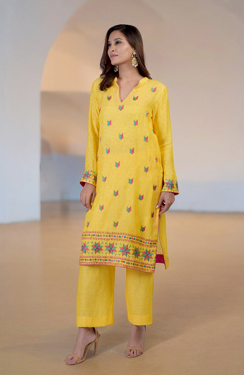 Yellow Phulkari Embroidered Kurta Set