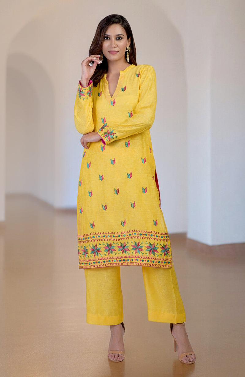 Yellow Phulkari Embroidered Kurta Set