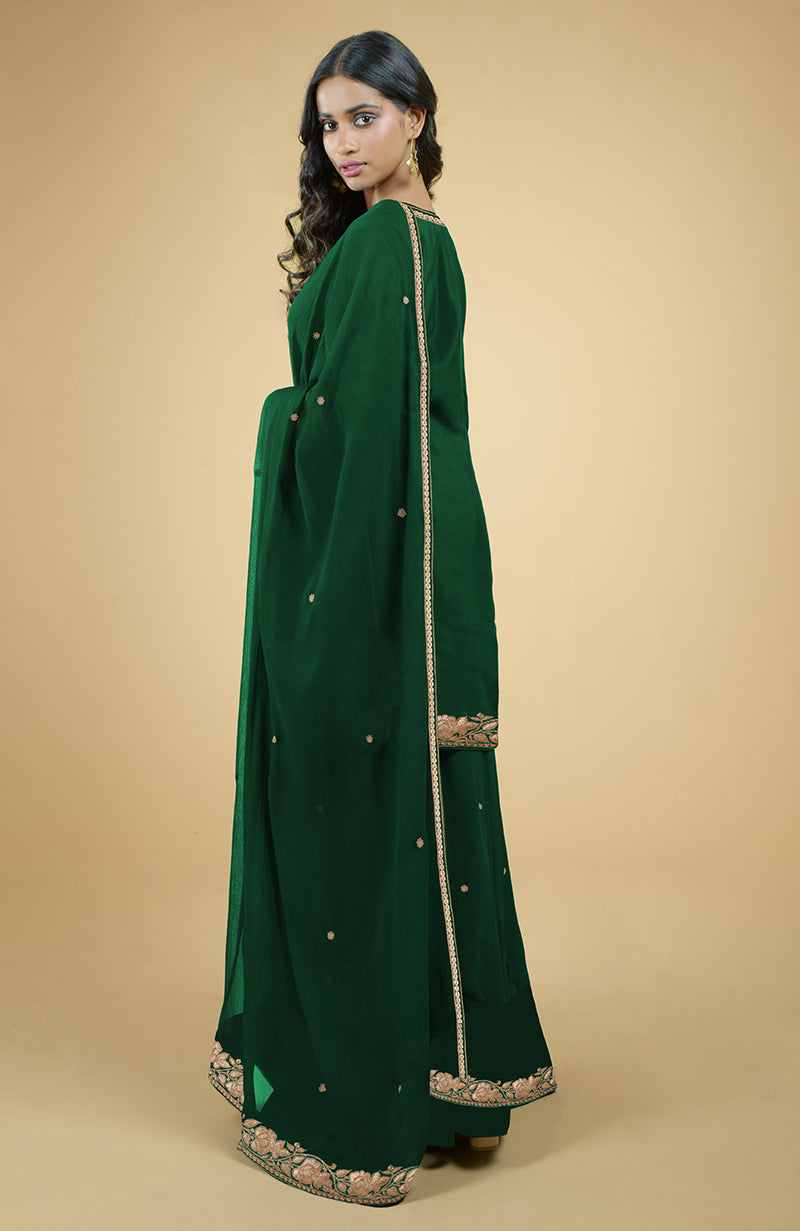 Emerald Green- Gold Kashmiri Tilla Embroidered Sharara Set