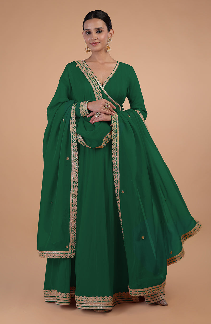 Iktara  Emerald Green Gota Patti Embroidered Angrakha Anarkali Set