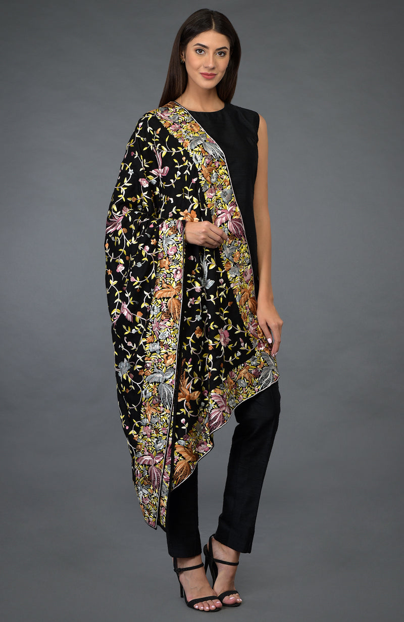 Black Parsi Gara Pure Pashmina Shawl