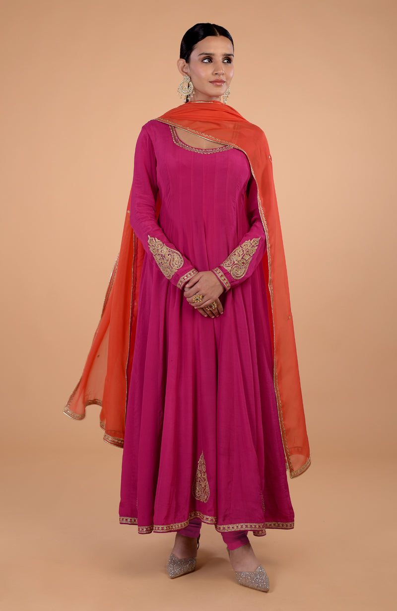 Iktara Raspberry Pink- Orange Kashmiri Tilla Embroidered Anarkali Set