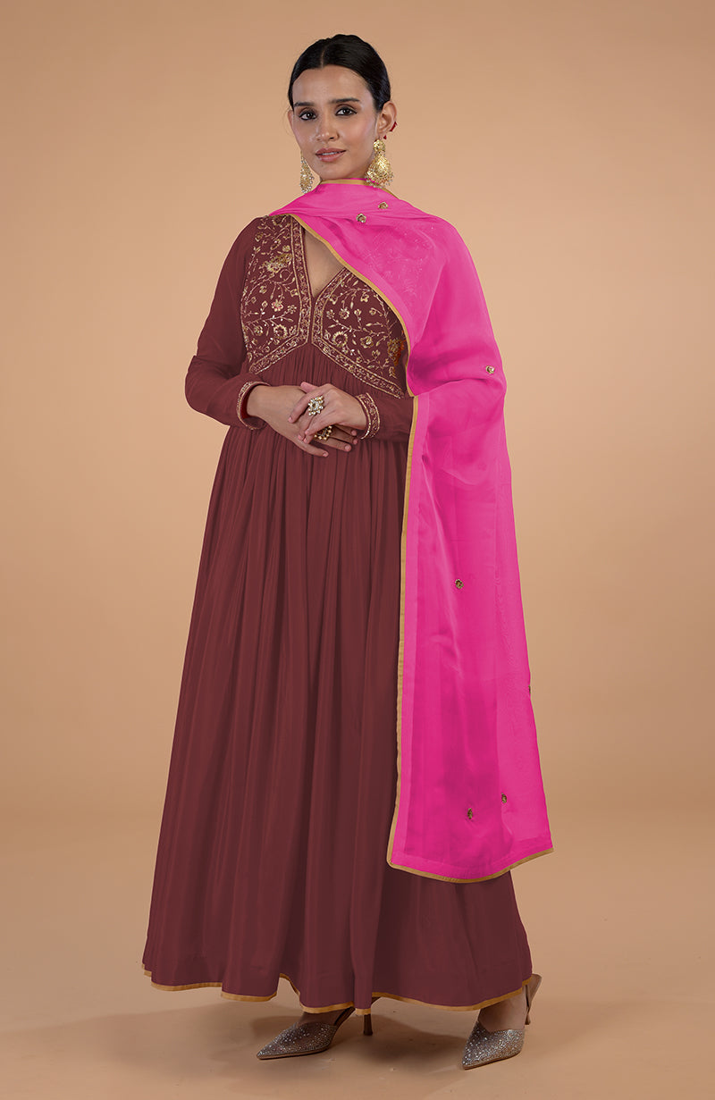 Iktara Marsala-Pink Zardozi & Resham Embroidered Anarkali Set