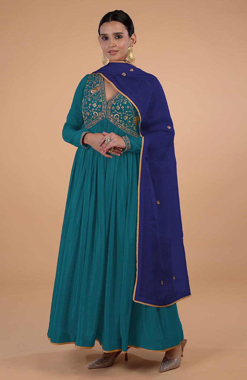 Iktara Teal-Blue Zardozi & Resham Embroidered Anarkali Set