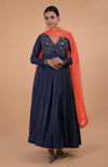 Iktara Navy Blue-Orange Zardozi Embroidered Anarkali Set