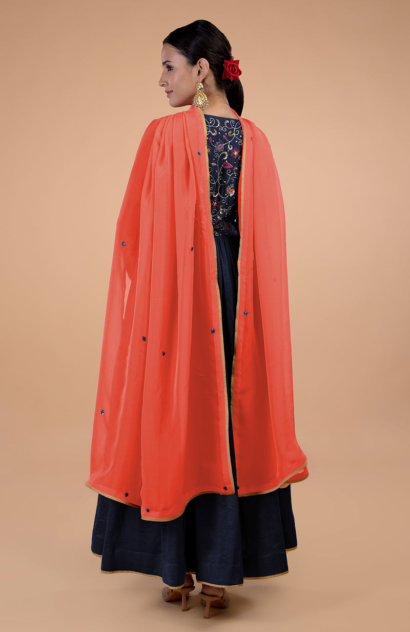 Iktara Navy Blue-Orange Zardozi Embroidered Anarkali Set