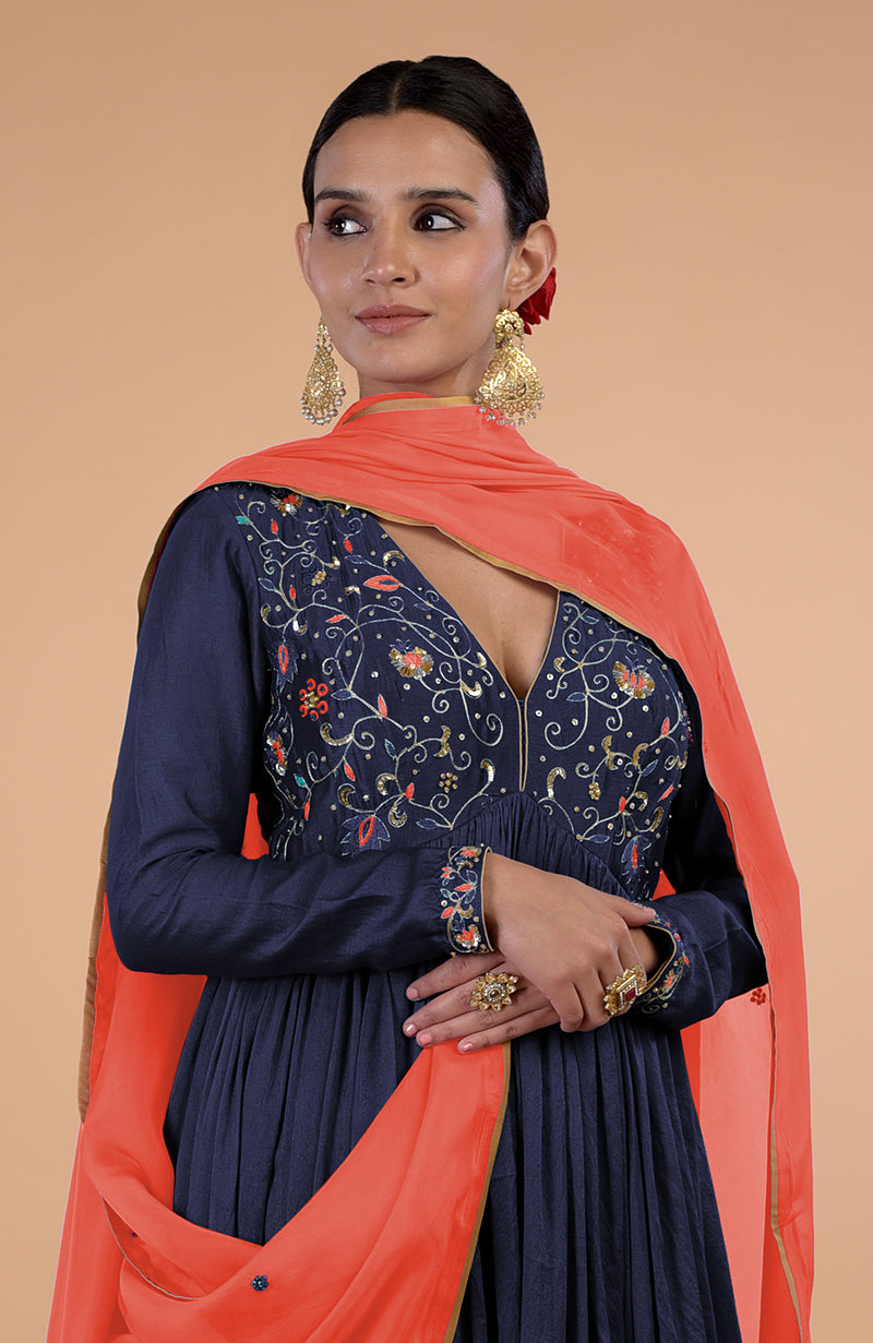 Iktara Navy Blue-Orange Zardozi Embroidered Anarkali Set