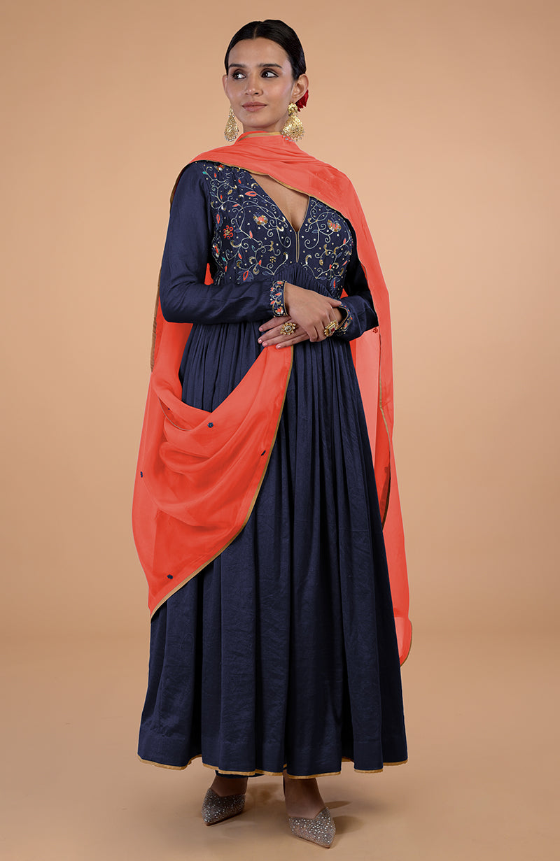 Iktara Navy Blue-Orange Zardozi Embroidered Anarkali Set