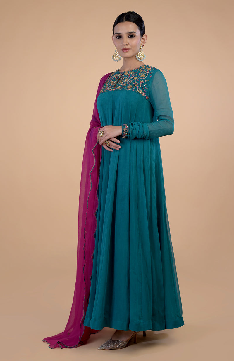 Iktara  Teal-Pink Zardozi Embroidered Anarkali Set