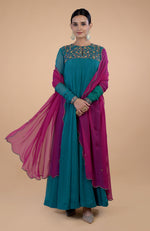 Iktara  Teal-Pink Zardozi Embroidered Anarkali Set