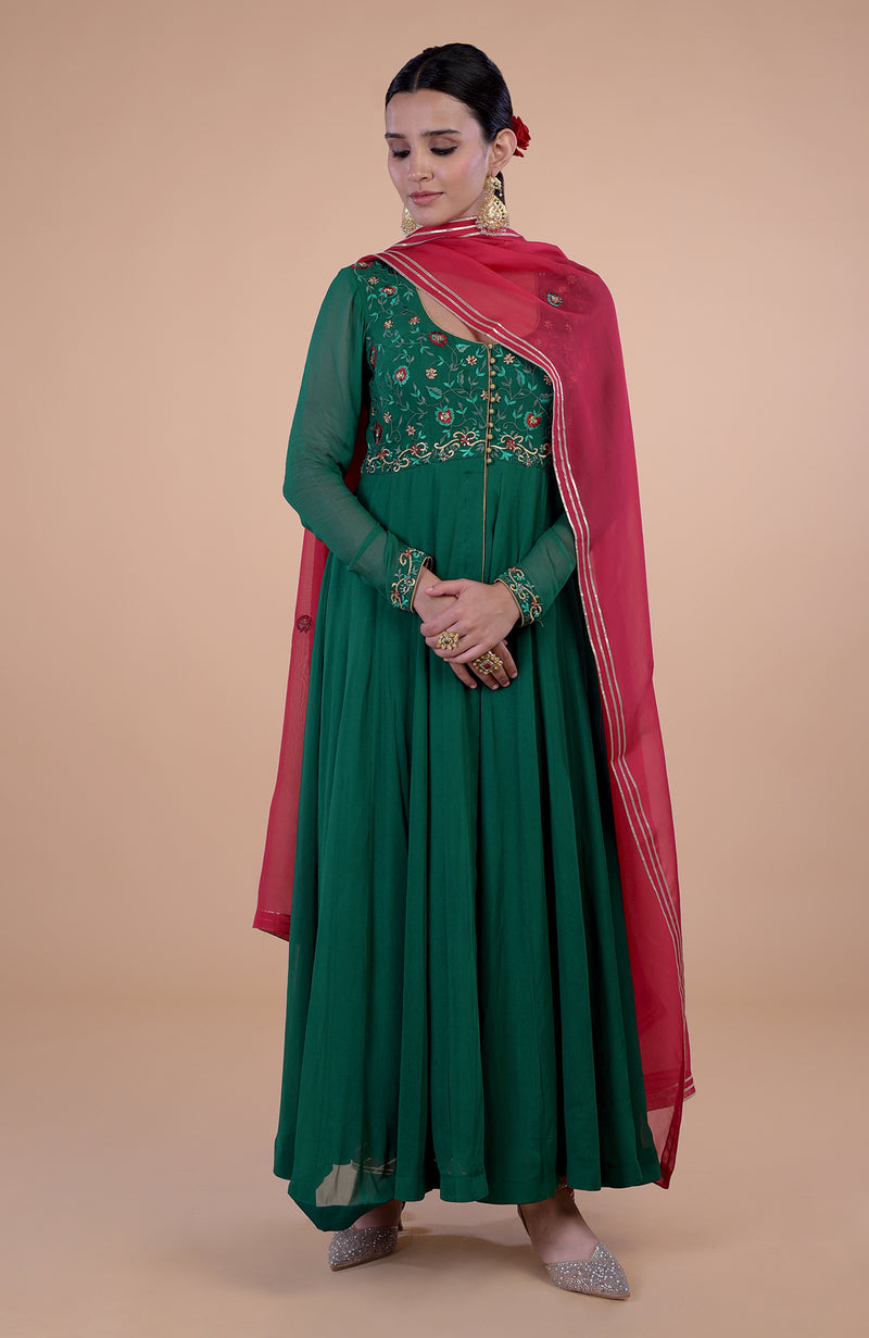 Iktara Emerald Green - Red Resham & Zardozi Embroidered Anarkali Set