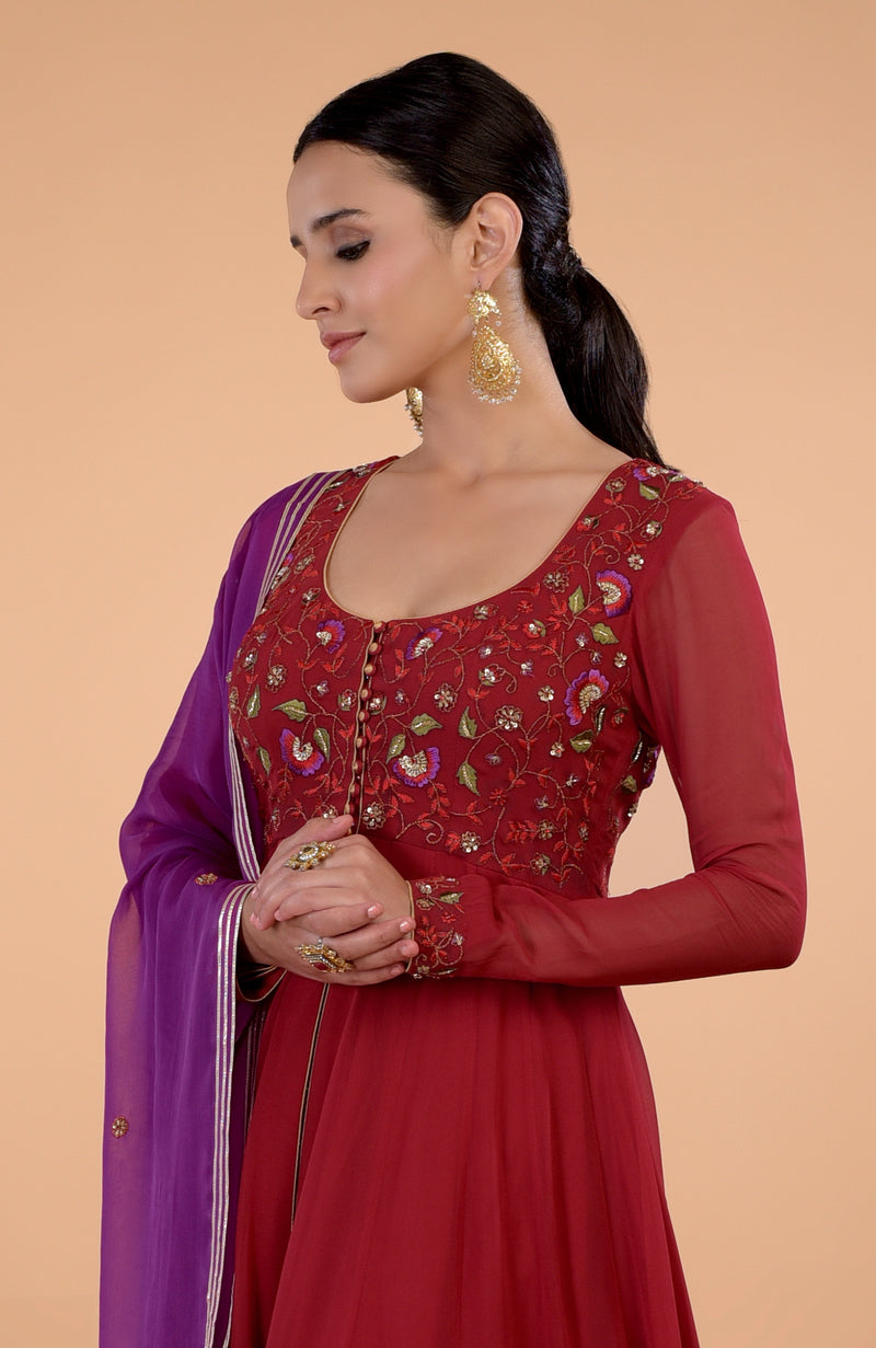 Iktara Blood Red - Purple Anarkali Set