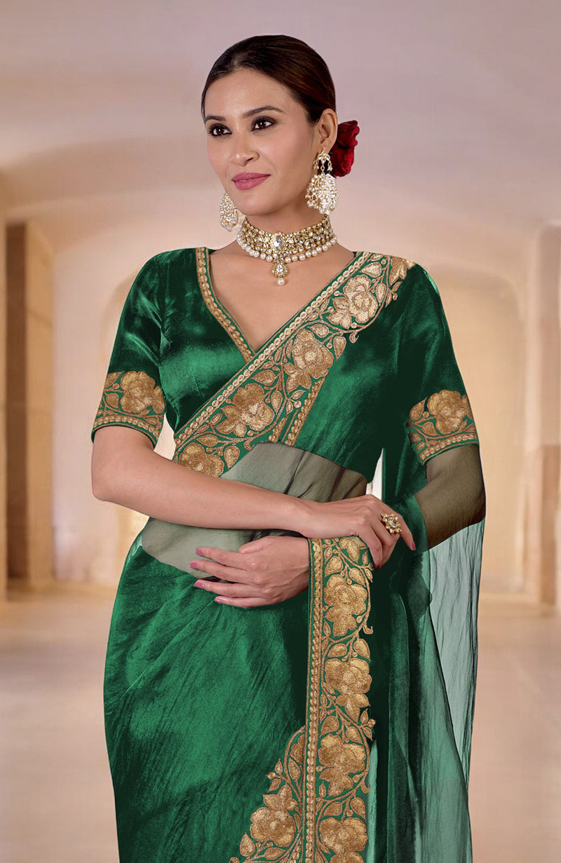 Emerald Green Kashmiri Tilla Embroidered Saree