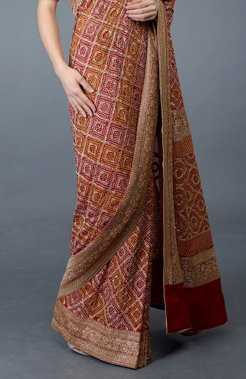 Pre-Order Red Bandhej & Banarasi Zari Zardozi Hand Embroidered Saree