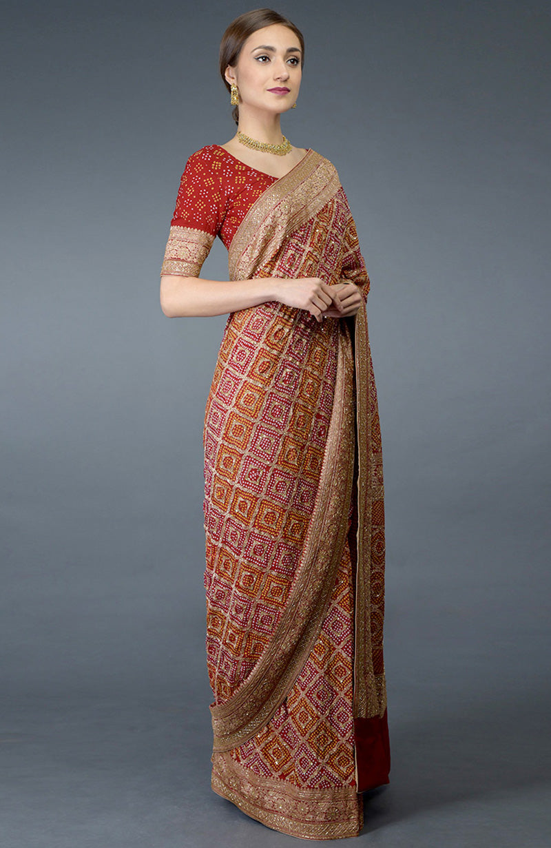 Pre-Order Red Bandhej & Banarasi Zari Zardozi Hand Embroidered Saree