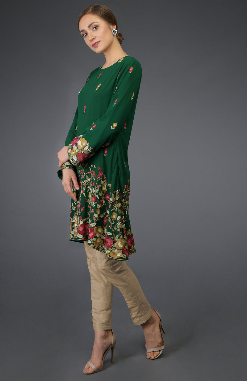 Bottle Green Parsi Embroidered Tunic Suit