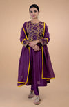 Plum Kantha Hand Embroidered Kalidaar Kurta Set