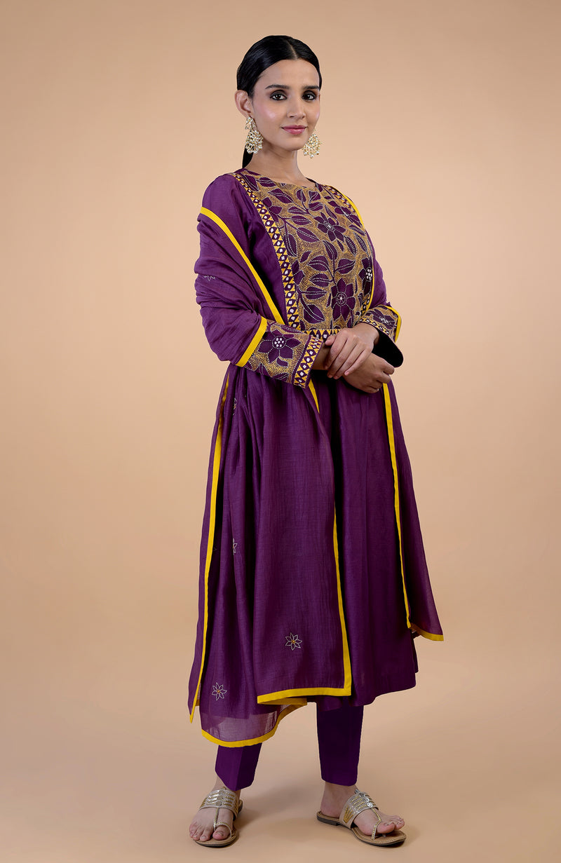 Plum Kantha Hand Embroidered Kalidaar Kurta Set