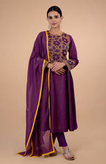 Plum Kantha Hand Embroidered Kalidaar Kurta Set