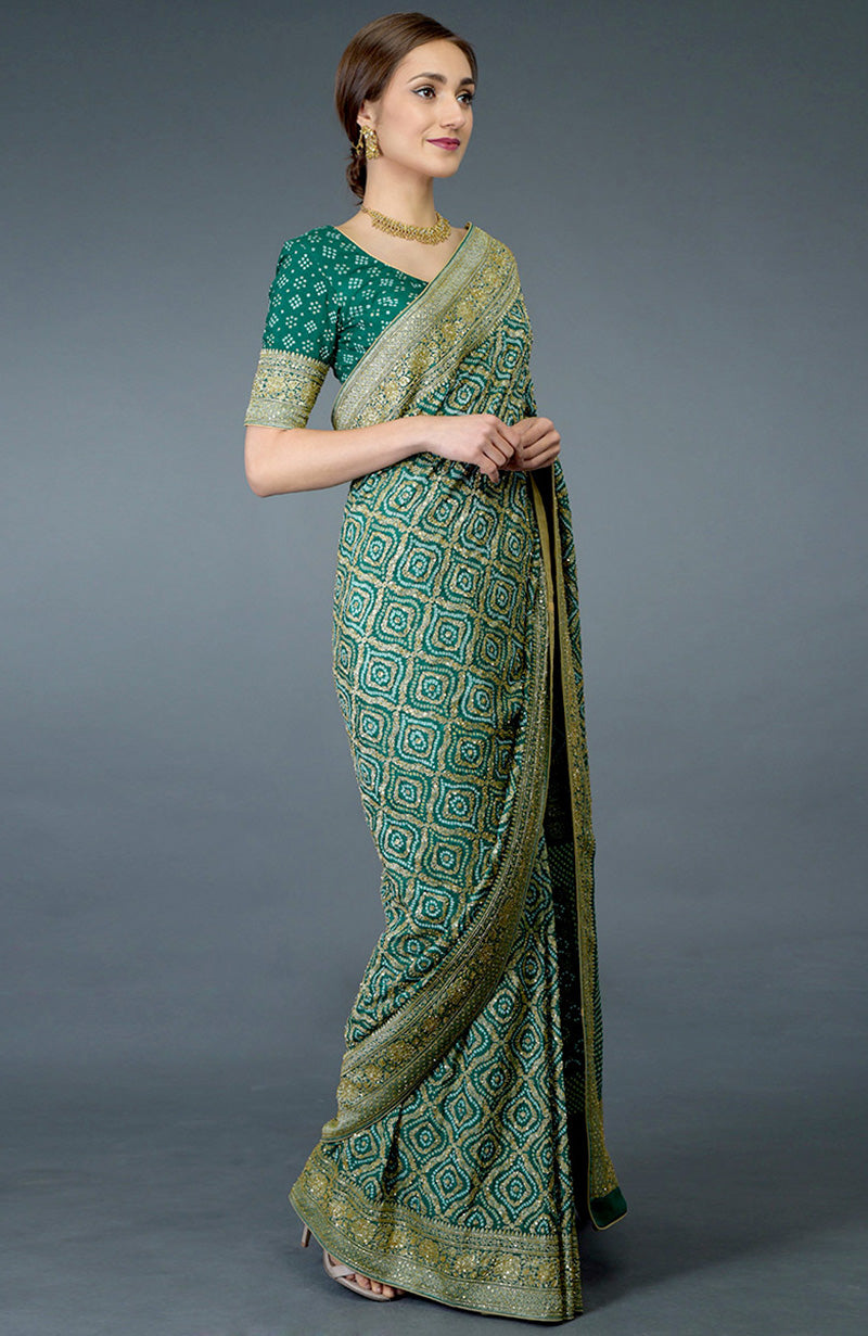 Pre-Order Green Bandhej & Banarasi Zari Zardozi Hand Embroidered Saree