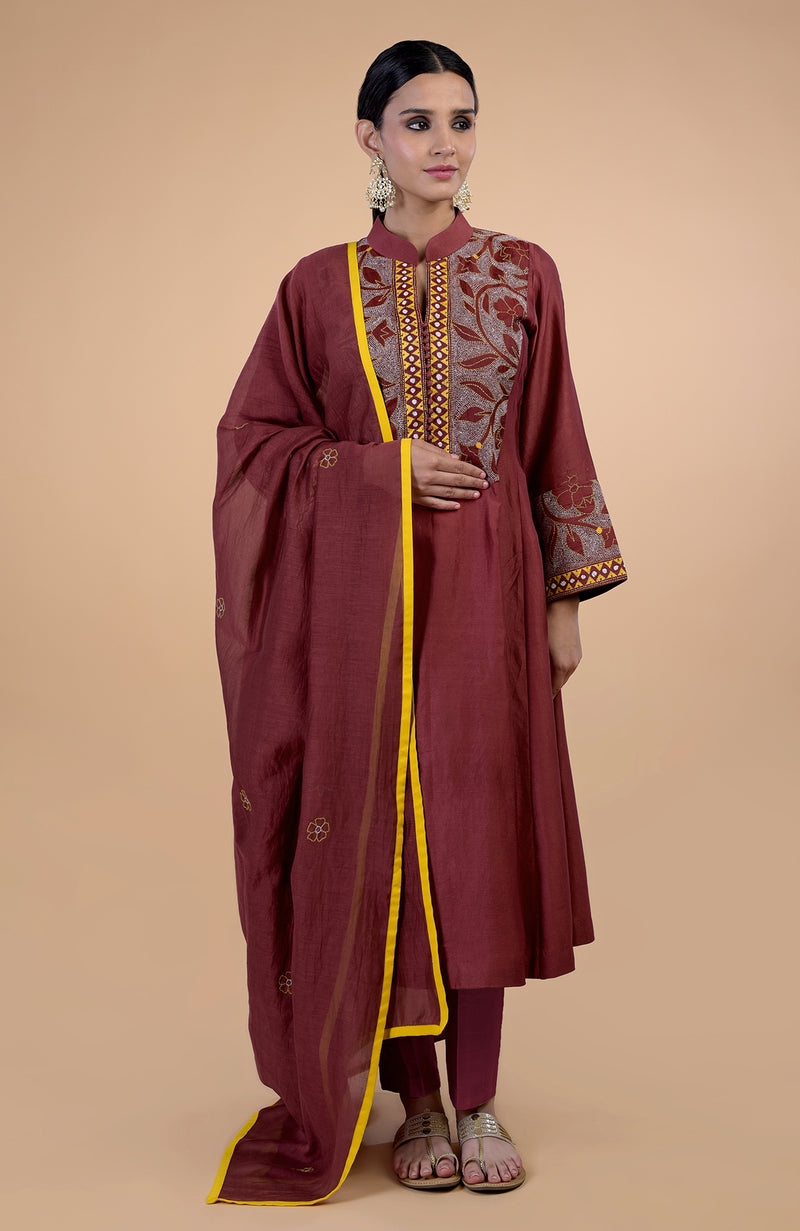 Rust Kantha Hand Embroidered Kalidaar Kurta Set