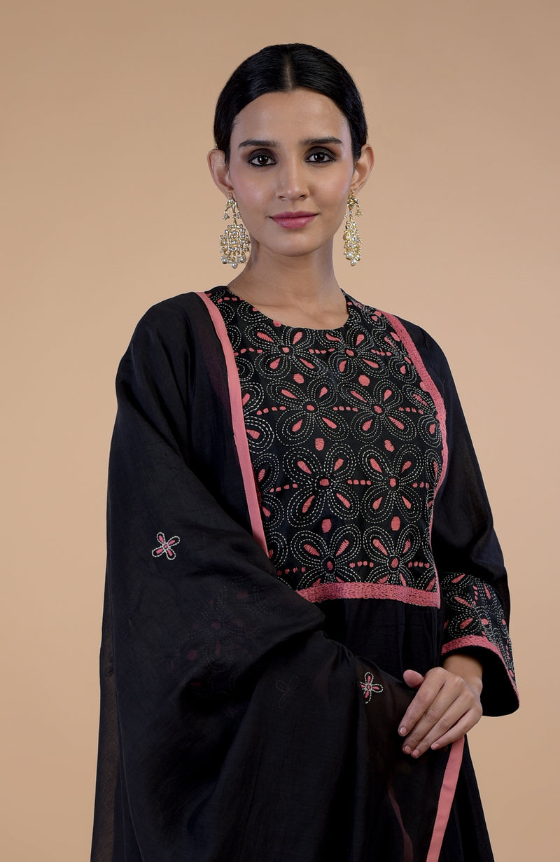 Black Kantha Hand Embroidered Kalidaar Kurta Set