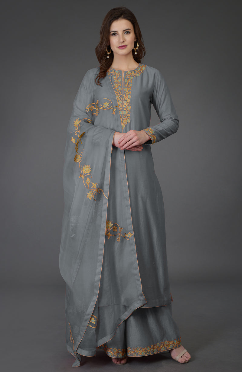 Grey Resham-Tilla Embroidered Farshi Palazzo Suit